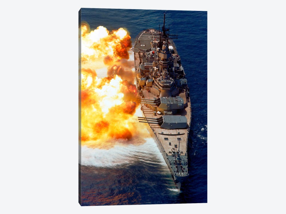 The Battleship Uss Iowa (Bb-61) Firing Its Mark 7 50-Caliber Guns Off The Starboard Side by Stocktrek Images 1-piece Canvas Artwork