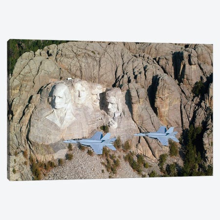 Two F/A-18E Super Hornets Conduct A Fly By Of Mount Rushmore During Training Exercise. Canvas Print #TRK3935} by Stocktrek Images Canvas Wall Art