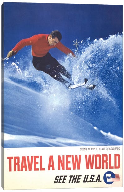 Advertisement Showing Man Skiing At Aspen, Colorado, Circa 1962 Canvas Art Print - Skiing Art