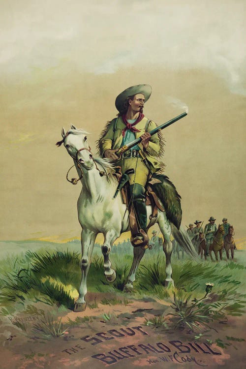 Buffalo Bill On Horseback, Holding Smoking Rifle, In Front Of Soldiers On Horseback