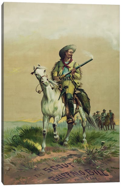 Buffalo Bill On Horseback, Holding Smoking Rifle, In Front Of Soldiers On Horseback Canvas Art Print - Cream Art