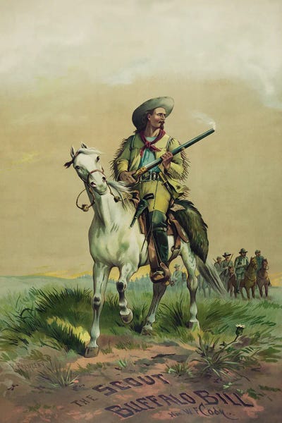 Cowboys & Cowgirls: Buffalo Bill On Horseback, Holding Smoking Rifle, In Front Of Soldiers On Horseback by Stocktrek Images