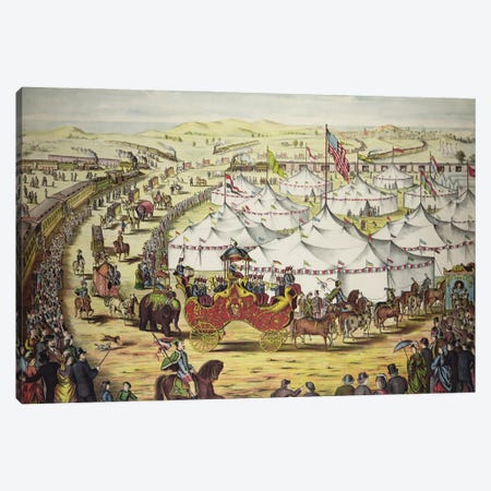 Circus Parade Around Tents, With Crowd Watching Alongside Railroad Train, Circa 1874 Canvas Print #TRK3942} by Stocktrek Images Canvas Wall Art