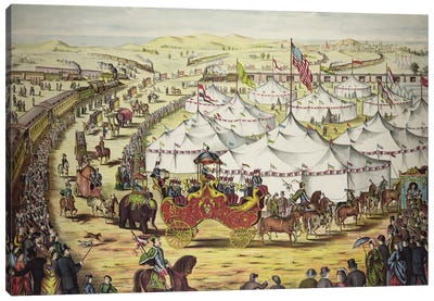 Circus Parade Around Tents, With Crowd Watching Alongside Railroad Train, Circa 1874 Canvas Art Print - Performing Arts