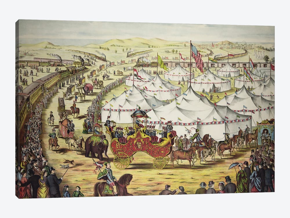 Circus Parade Around Tents, With Crowd Watching Alongside Railroad Train, Circa 1874 by Stocktrek Images 1-piece Art Print