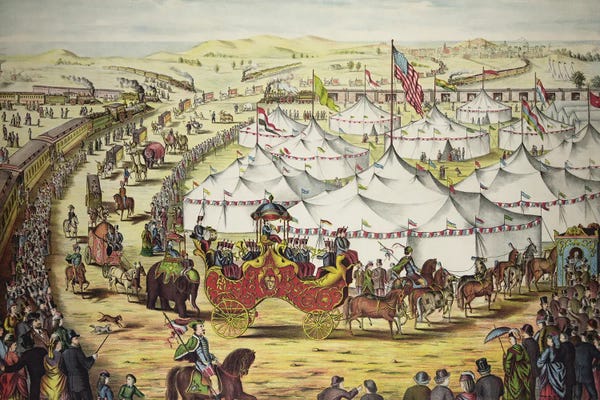 Performing Arts: Circus Parade Around Tents, With Crowd Watching Alongside Railroad Train, Circa 1874 by Stocktrek Images