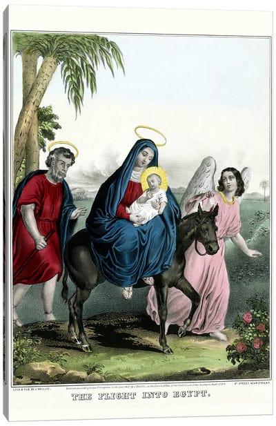 The Virgin Mary And Baby Jesus On A Donkey Led By An Angel, With Joseph Walking Behind Canvas Art Print - Virgin Mary