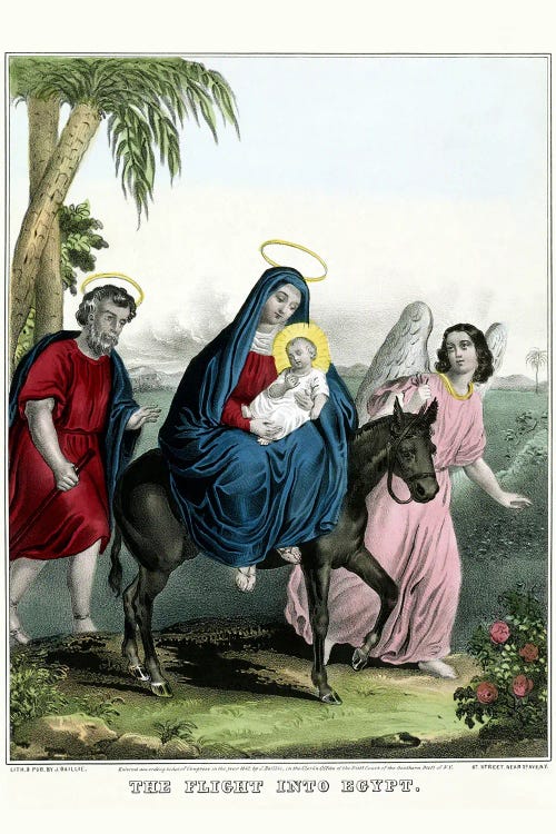 The Virgin Mary And Baby Jesus On A Donkey Led By An Angel, With Joseph Walking Behind