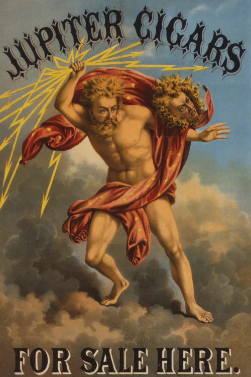 Tobacco Label Showing Jupiter Holding Bolt Of Lightning, 1868