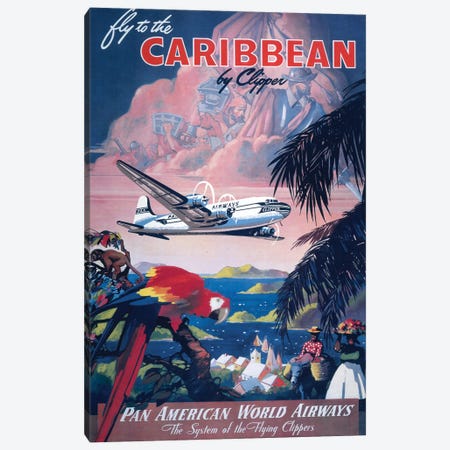 Vintage 1935 Travel Poster Shows Large Clipper Seaplane Flying Over The Caribbean Canvas Print #TRK3950} by Stocktrek Images Art Print