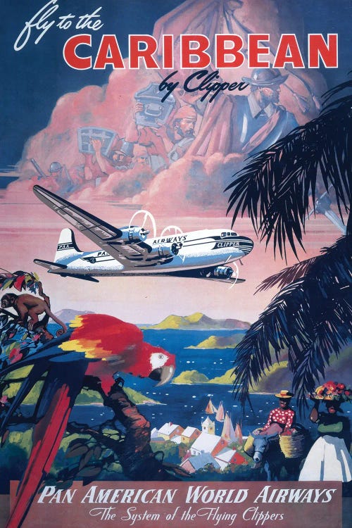 Vintage 1935 Travel Poster Shows Large Clipper Seaplane Flying Over The Caribbean by Stocktrek Images wall art