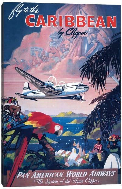 Vintage 1935 Travel Poster Shows Large Clipper Seaplane Flying Over The Caribbean Canvas Art Print