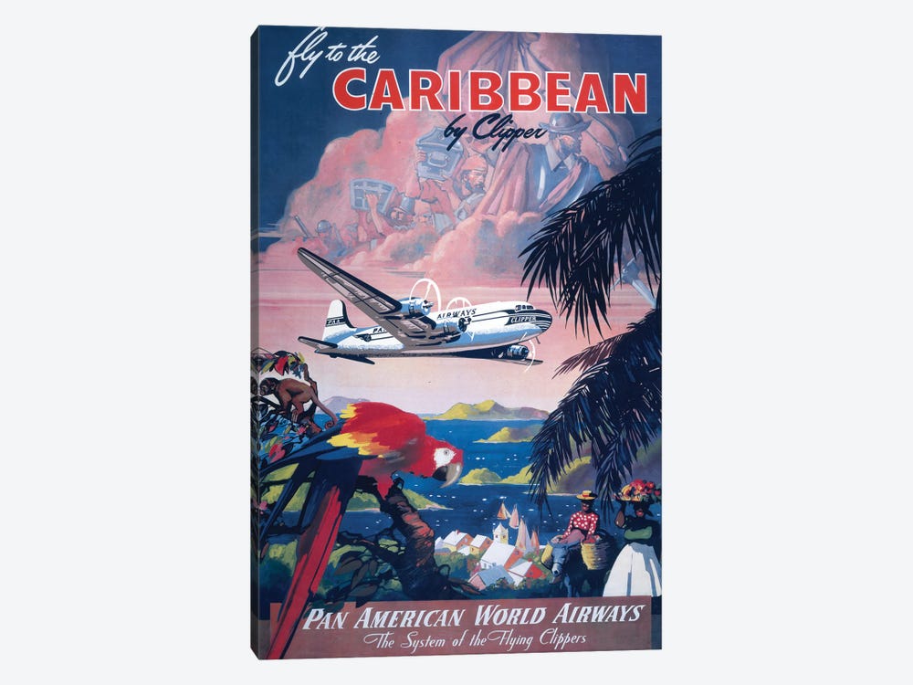 Vintage 1935 Travel Poster Shows Large Clipper Seaplane Flying Over The Caribbean by Stocktrek Images 1-piece Canvas Wall Art