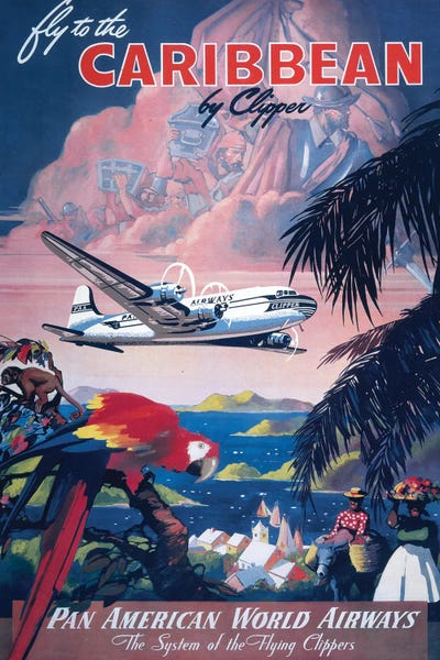 Airplanes: Vintage 1935 Travel Poster Shows Large Clipper Seaplane Flying Over The Caribbean by Stocktrek Images