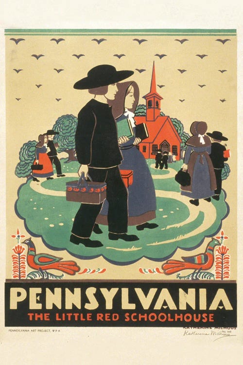 Vintage 1936 Travel Poster Promoting Pennsylvania, Showing Children Attending School