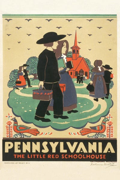 Vintage 1936 Travel Poster Promoting Pennsylvania, Showing Children Attending School