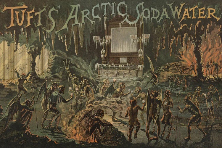 Vintage Advertisement For Tufts' Arctic Soda Water Devils And Demons In A Fiery Hell Gather Around A Large Bar