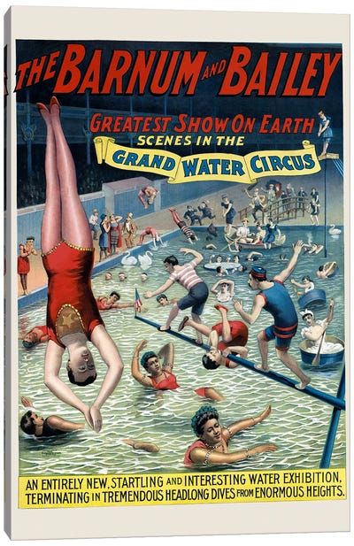 Vintage Barnum & Bailey Circus Poster Showing Performers In A Pool Canvas Art Print - Performing Arts