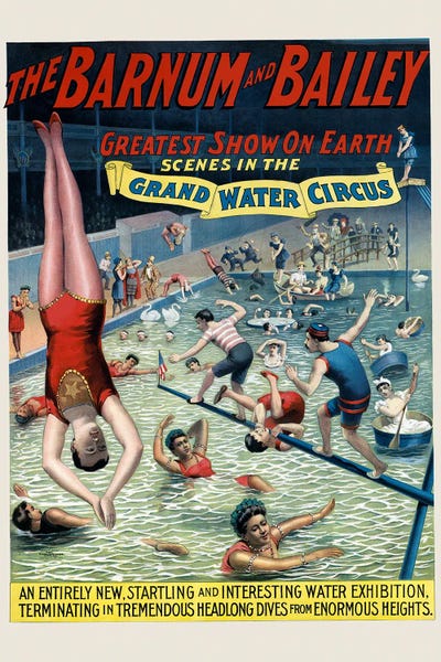 Swimming: Vintage Barnum & Bailey Circus Poster Showing Performers In A Pool by Stocktrek Images