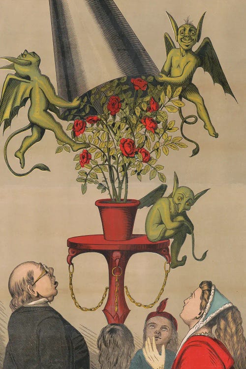 Vintage Circus Poster Of Four People Looking Up At Green Demons Removing Cover From Bouquet Of Roses, Circa 1870