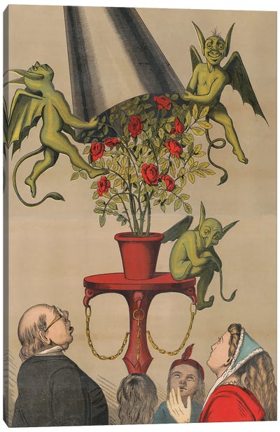 Vintage Circus Poster Of Four People Looking Up At Green Demons Removing Cover From Bouquet Of Roses, Circa 1870 Canvas Art Print
