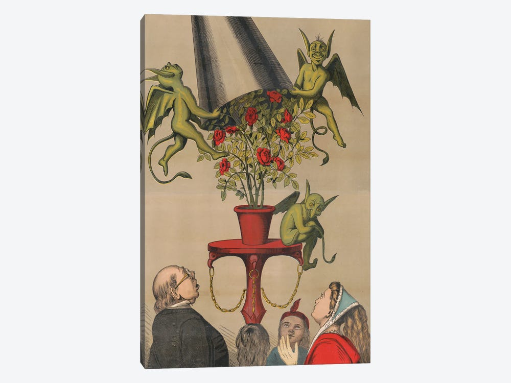Vintage Circus Poster Of Four People Looking Up At Green Demons Removing Cover From Bouquet Of Roses, Circa 1870 by Stocktrek Images 1-piece Canvas Print