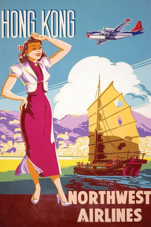 Vintage Northwest Airlines Advertising Poster For Flights To Hong Kong, Circa 1950