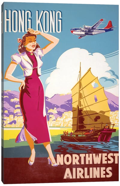 Vintage Northwest Airlines Advertising Poster For Flights To Hong Kong, Circa 1950 Canvas Art Print - Vintage Travel Posters