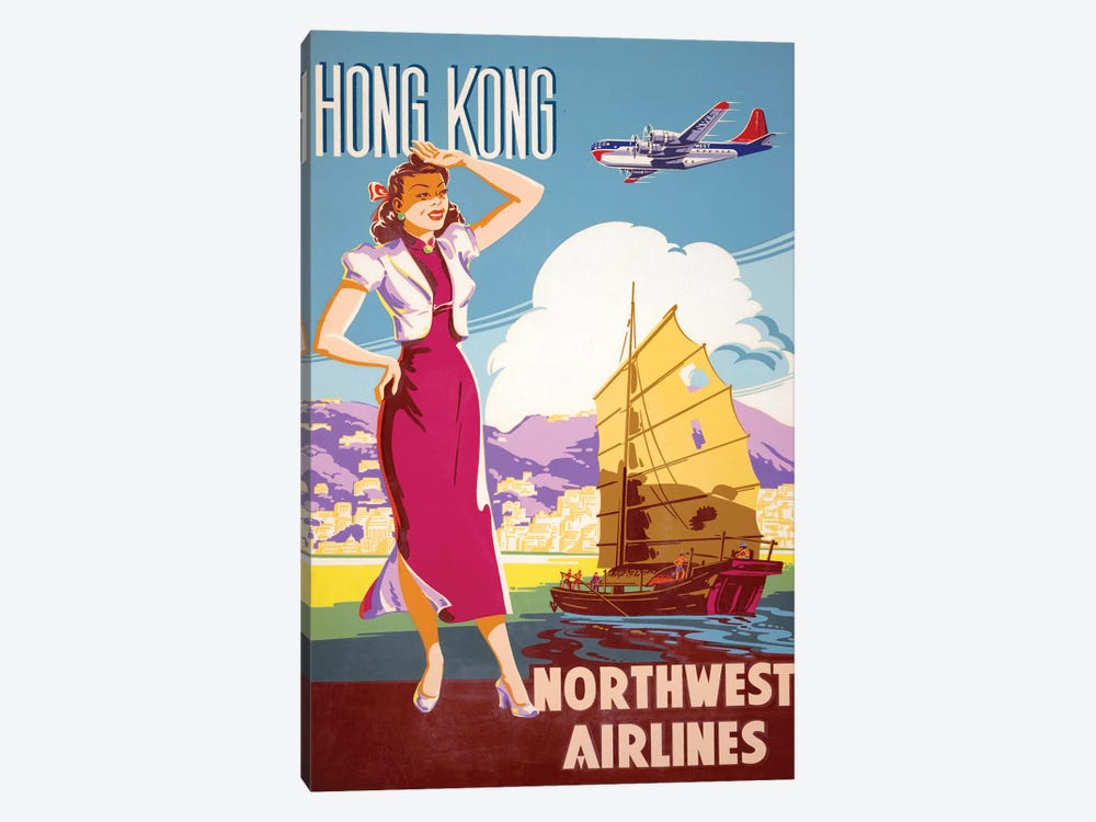 Vintage Northwest Airlines Advertising Poster For Flights To Hong Kong, Circa 1950 by Stocktrek Images 1-piece Canvas Art