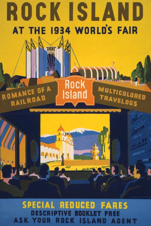 Vintage Poster For The 1933-34 Chicago World's Fair, Showing An Audience Watching A Travelog