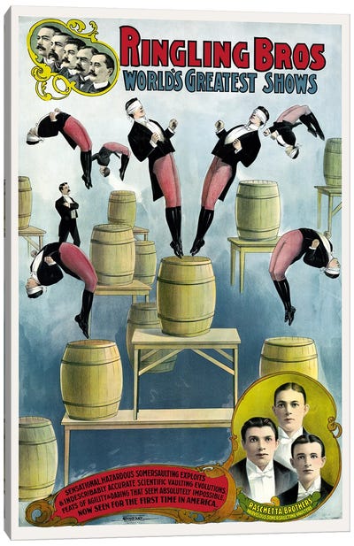 Vintage Ringling Bros Circus Poster Showing The Raschetta Brothers And Somersaulting Vaulters Canvas Art Print - Performing Arts