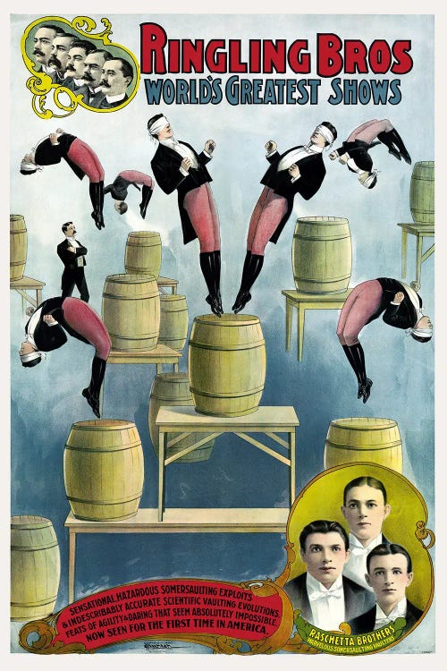 Vintage Ringling Bros Circus Poster Showing The Raschetta Brothers And Somersaulting Vaulters