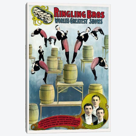 Vintage Ringling Bros Circus Poster Showing The Raschetta Brothers And Somersaulting Vaulters Canvas Print #TRK3967} by Stocktrek Images Canvas Art Print