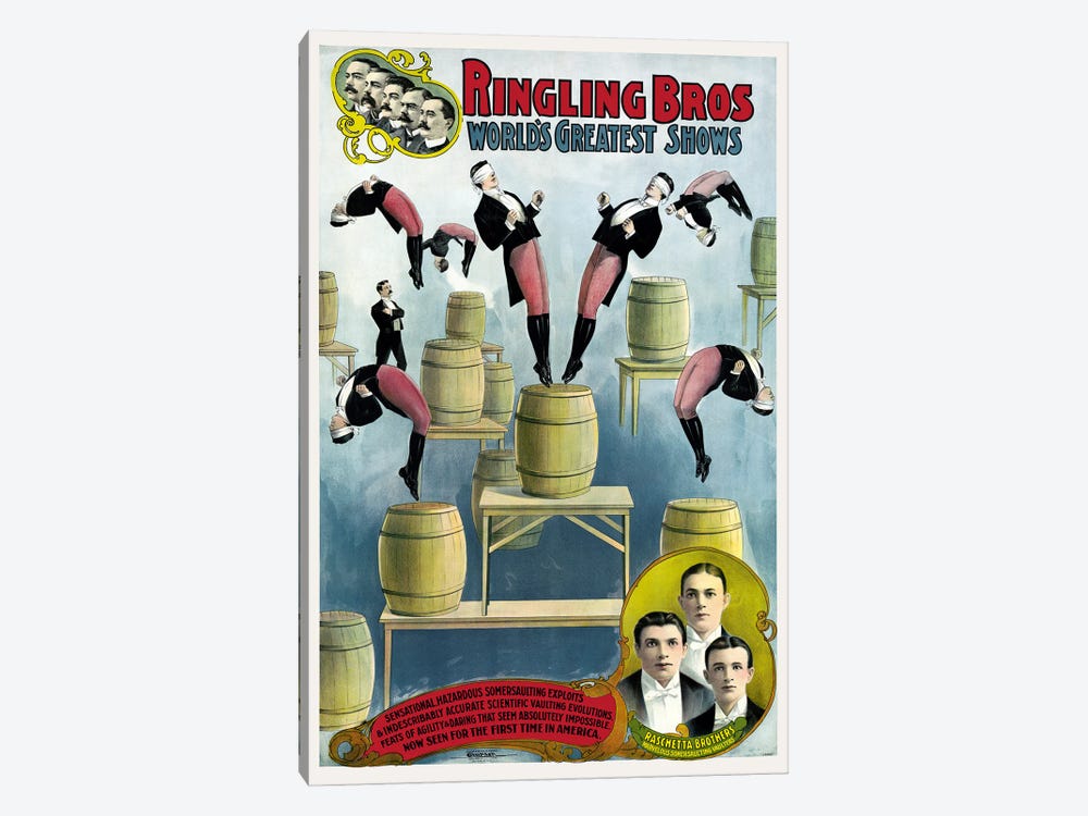 Vintage Ringling Bros Circus Poster Showing The Raschetta Brothers And Somersaulting Vaulters by Stocktrek Images 1-piece Canvas Artwork