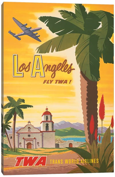 Vintage Travel Poster, Fly TWA To Los Angeles, Airplane Flying Over A Spanish Mission Church, Circa 1950 Canvas Art Print - California Art