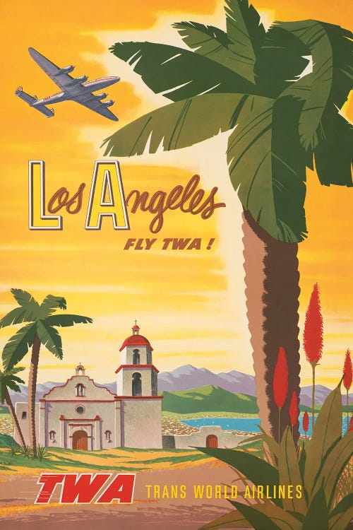 Vintage Travel Poster, Fly TWA To Los Angeles, Airplane Flying Over A Spanish Mission Church, Circa 1950