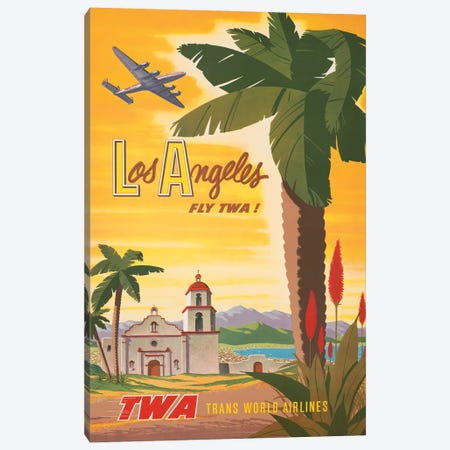 Vintage Travel Poster, Fly TWA To Los Angeles, Airplane Flying Over A Spanish Mission Church, Circa 1950 Canvas Print #TRK3968} by Stocktrek Images Canvas Artwork