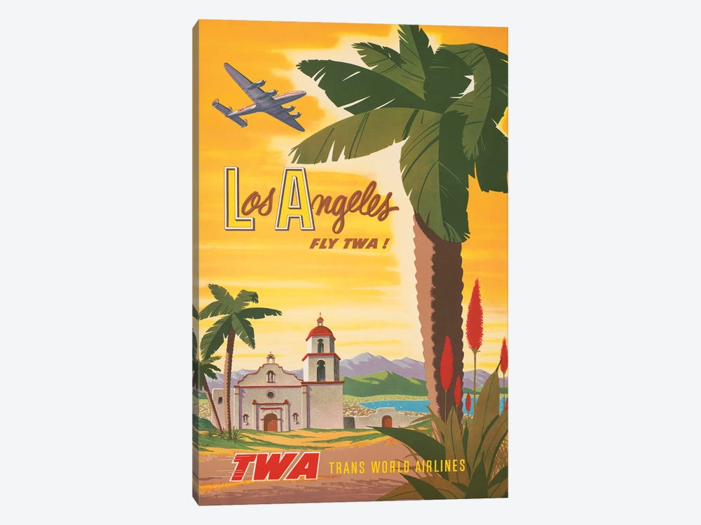 Vintage Travel Poster, Fly TWA To Los Angeles, Airplane Flying Over A Spanish Mission Church, Circa 1950 by Stocktrek Images 1-piece Canvas Print