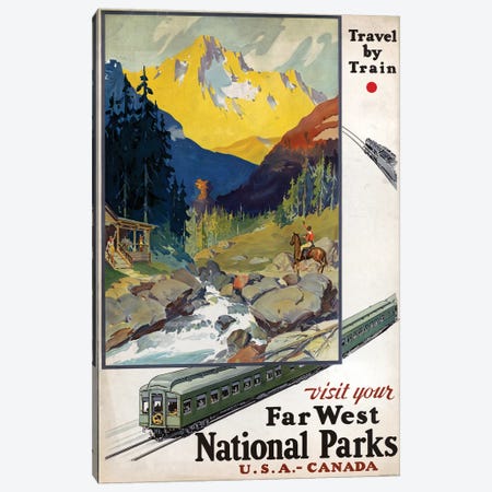 Vintage Travel Poster Advertising Travel By Train To Far West National Parks, Circa 1920 Canvas Print #TRK3969} by Stocktrek Images Canvas Artwork