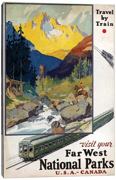 Vintage Travel Poster Advertising Travel By Train To Far West National Parks, Circa 1920 Canvas Art Print - Vintage Travel Posters