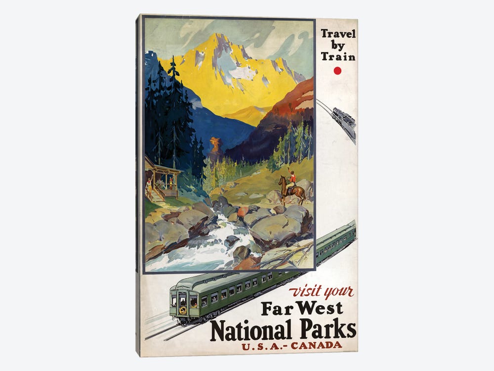 Vintage Travel Poster Advertising Travel By Train To Far West National Parks, Circa 1920 by Stocktrek Images 1-piece Canvas Wall Art