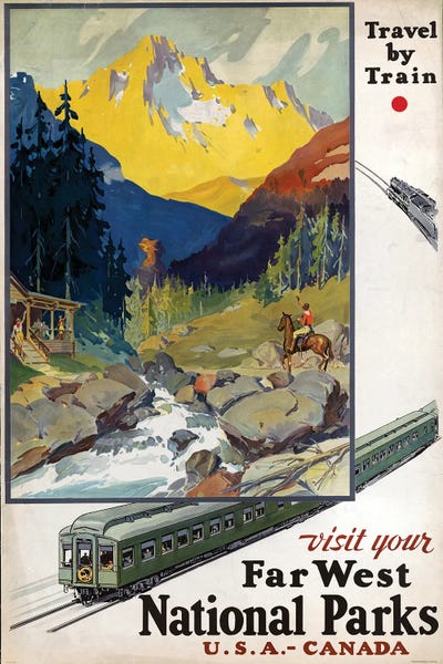Vintage Travel Posters: Vintage Travel Poster Advertising Travel By Train To Far West National Parks, Circa 1920 by Stocktrek Images
