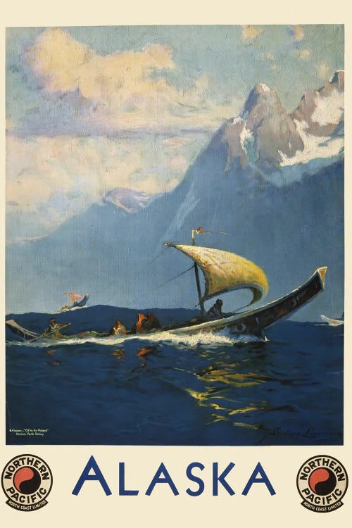 Vintage Travel Poster For Alaska Northern Pacific, Showing Umiaks Carrying Native Alaskans