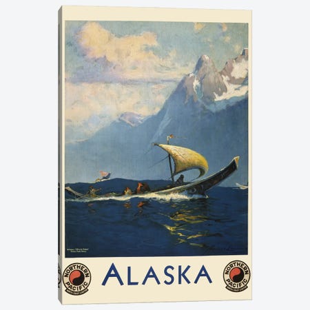 Vintage Travel Poster For Alaska Northern Pacific, Showing Umiaks Carrying Native Alaskans Canvas Print #TRK3971} by Stocktrek Images Canvas Art Print
