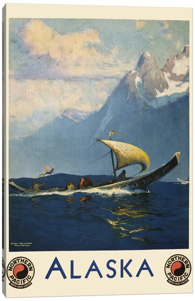 Vintage Travel Poster For Alaska Northern Pacific, Showing Umiaks Carrying Native Alaskans Canvas Art Print