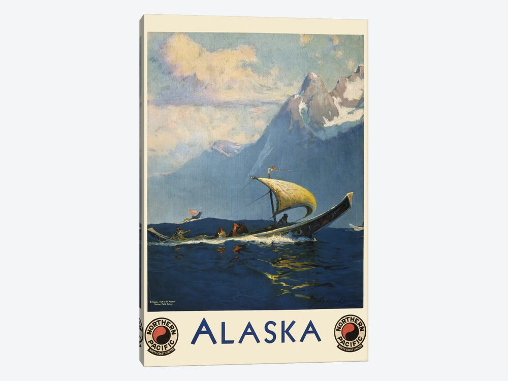 Vintage Travel Poster For Alaska Northern Pacific, Showing Umiaks Carrying Native Alaskans by Stocktrek Images 1-piece Canvas Art Print