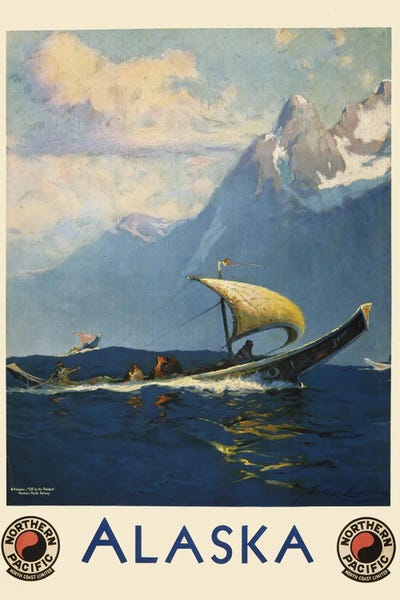 Alaska: Vintage Travel Poster For Alaska Northern Pacific, Showing Umiaks Carrying Native Alaskans by Stocktrek Images