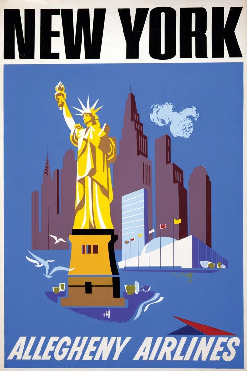 Vintage Travel Poster For Allegheny Airlines Showing The Statue Of Liberty And The New York City Skyline, Circa 1950