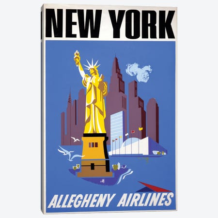 Vintage Travel Poster For Allegheny Airlines Showing The Statue Of Liberty And The New York City Skyline, Circa 1950 Canvas Print #TRK3972} by Stocktrek Images Canvas Art Print