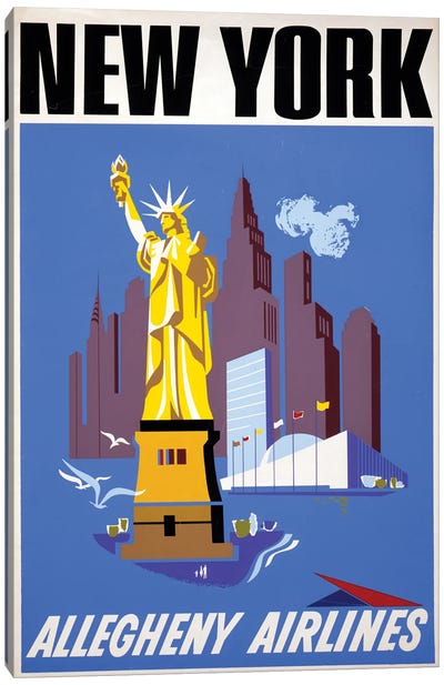 Vintage Travel Poster For Allegheny Airlines Showing The Statue Of Liberty And The New York City Skyline, Circa 1950 Canvas Art Print - New York City Travel Posters